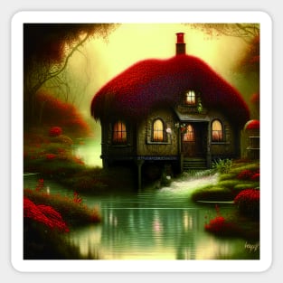 Sparkling Fantasy Cottage with Lights and Glitter Background in Forest, Scenery Nature Sticker